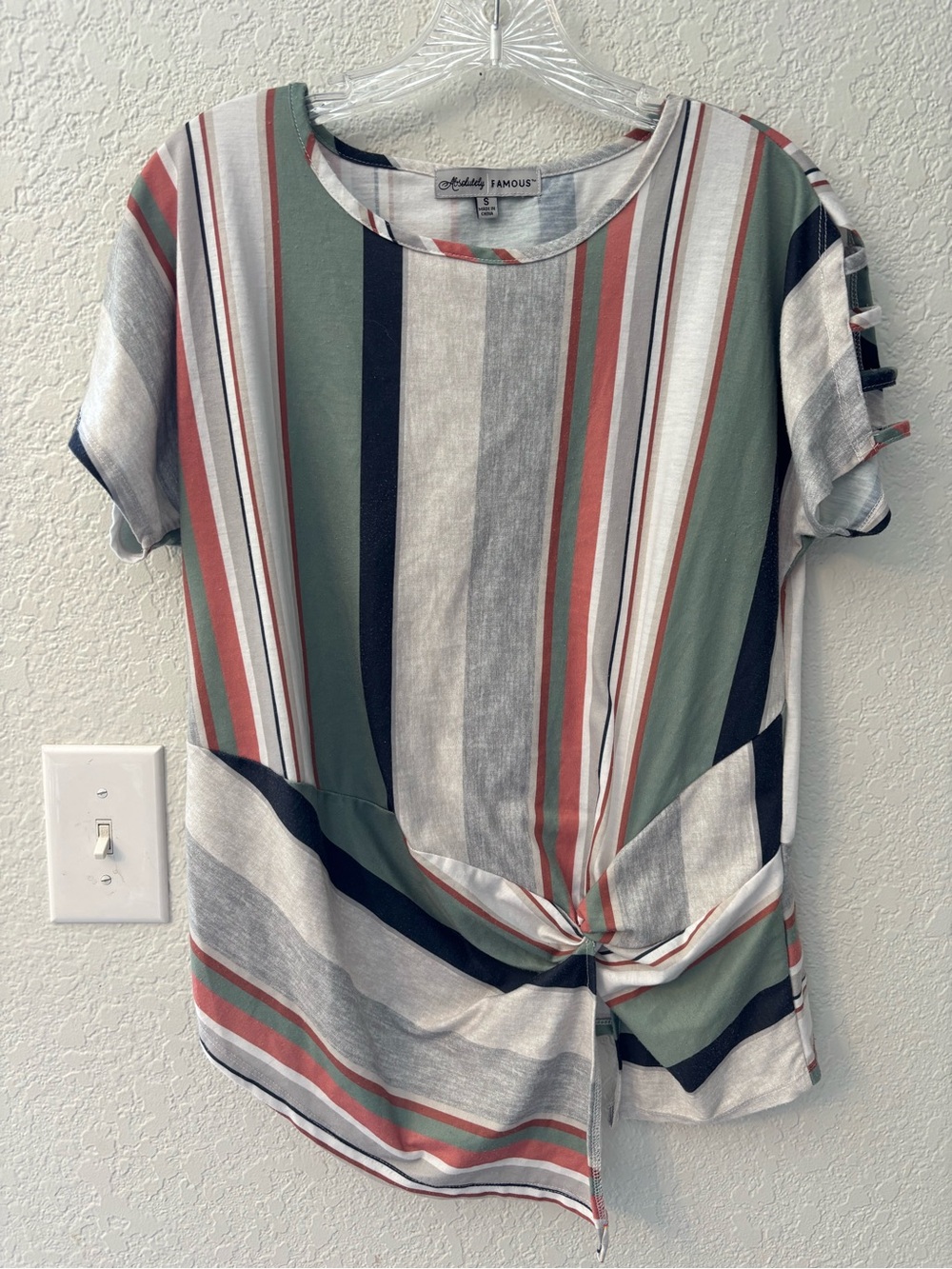 Absolutely Famous Boho Striped Twist-Hem Short Sleeve Top - Green/Coral/Black